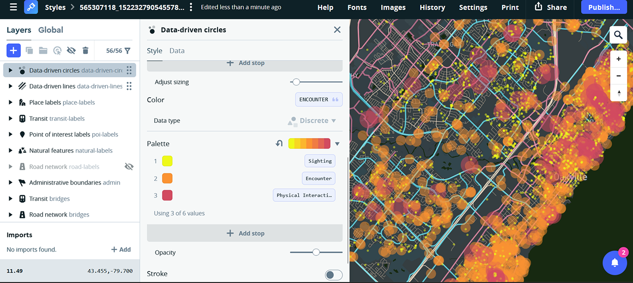Tutorial 2: Mapbox studio: Coyote sighting: final bivariate map
