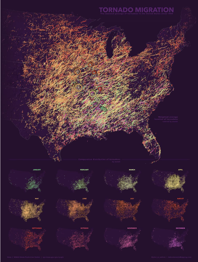 Bivariate mapping research:Tornado Migration map by John Nelson