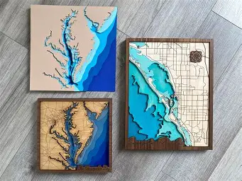 Laser cutting: Wood cutting maps of rivers and coastal cities