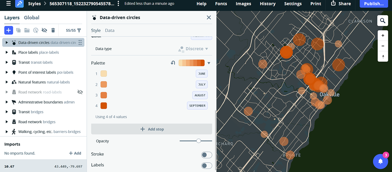 Tutorial 2: Mapbox studio: Coyote sighting: changing opacity of data circles for better visual.