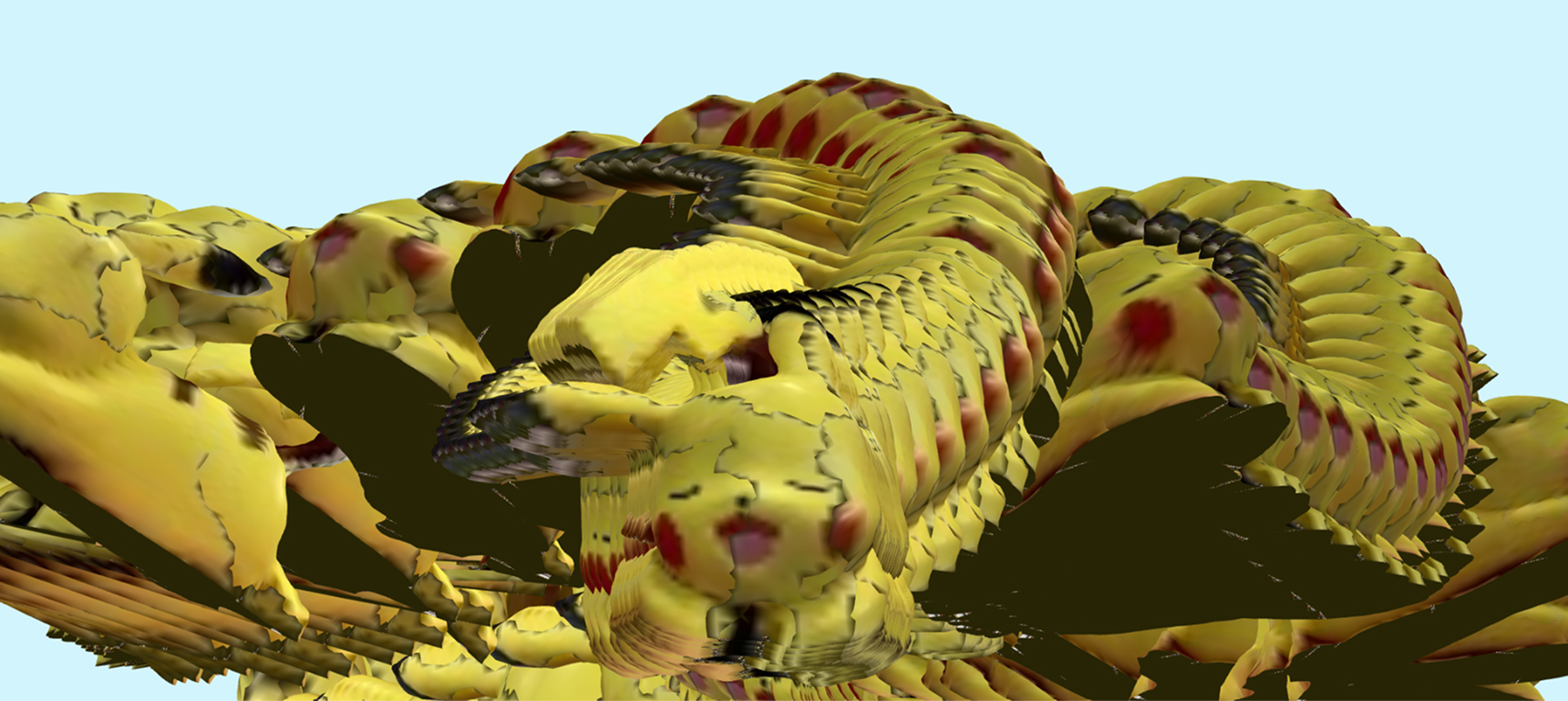 A cracked Pikachu with many clones as part of its path.